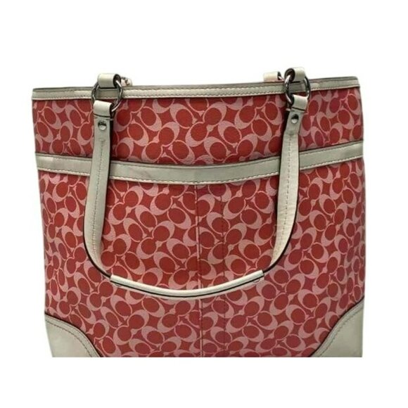 Coach Signature Stripe Red & Pink Canvas & Leather Tote Bag With Double Handles - Picture 2 of 5